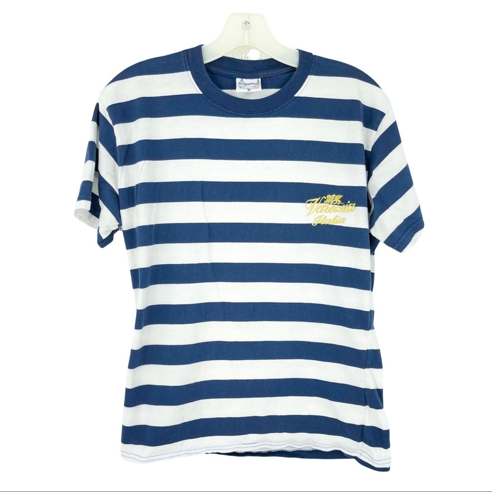 Vintage Venzia Blue and White Striped Short Sleeved Shirt Small